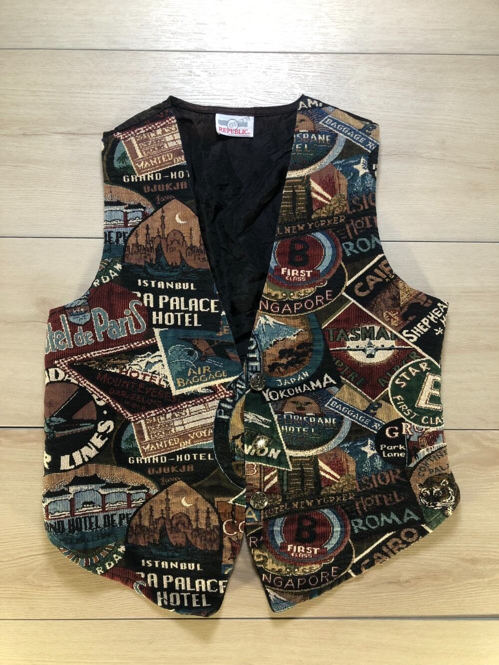 Denim Republic Tapestry Vest Vintage Travel Luggage Stamp M 90s Boho [0007]